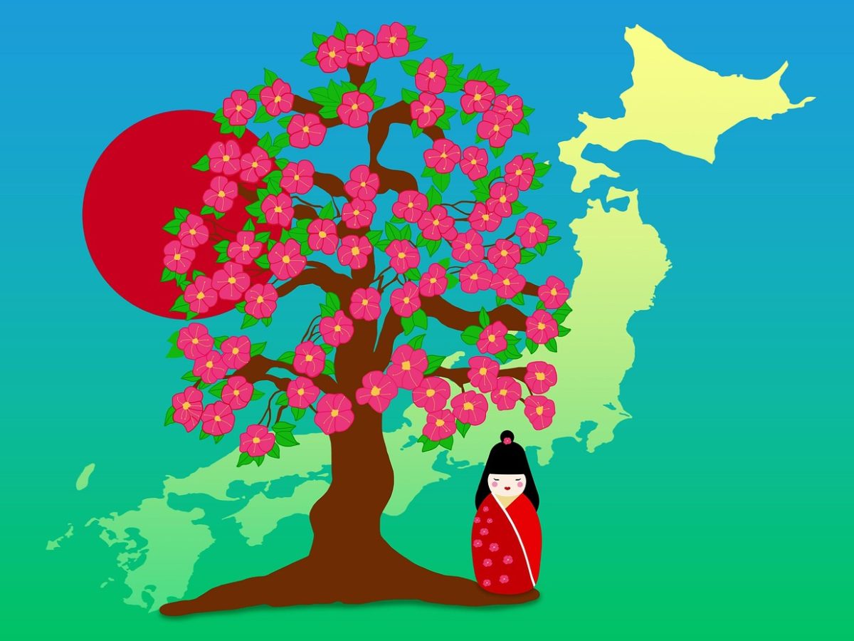 樱花网 App 手机端数据看板界面插画：天蓝色背景上浮着半透明毛玻璃卡片，展示本周追番进度条、分区浏览占比环形图与更新提醒列表，桌面散落一支笔和一杯冒热气的茶